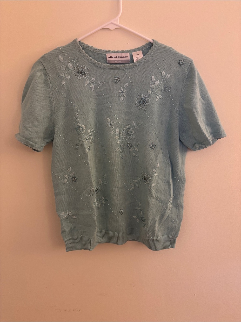 Blue Beaded and Embroidered Short Sleeve Sweater